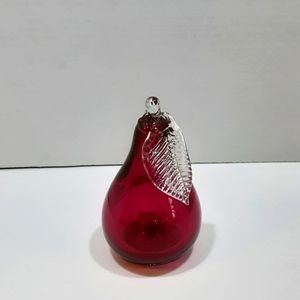 Vintage Cranberry Blown Art Glass Pear Paperweight Figurine Fruit Decor